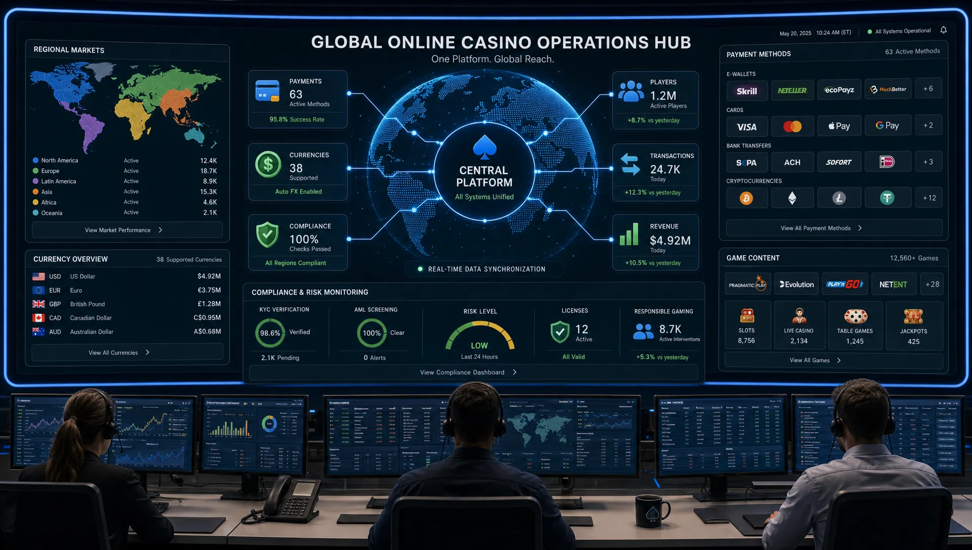 A global online casino operations hub showing regional markets, payment methods, currencies, compliance checks, and game content connected through one central platform, with connected dashboard panels viewed head-on in a modern control room.