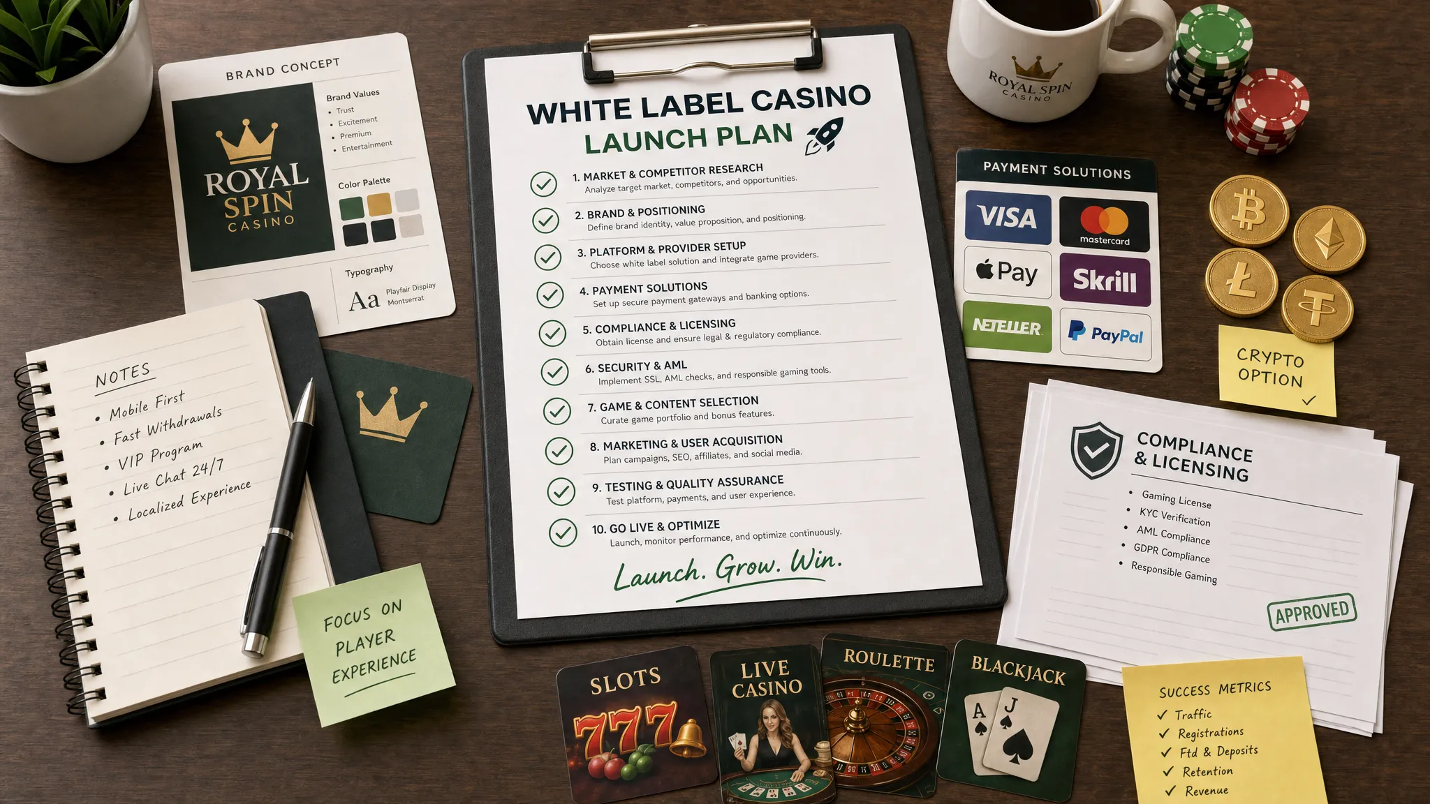 A lean white label casino launch plan shown as a simple tabletop arrangement with brand notes, payment cards, crypto symbols, compliance documents, and game tiles spread around a central launch checklist.