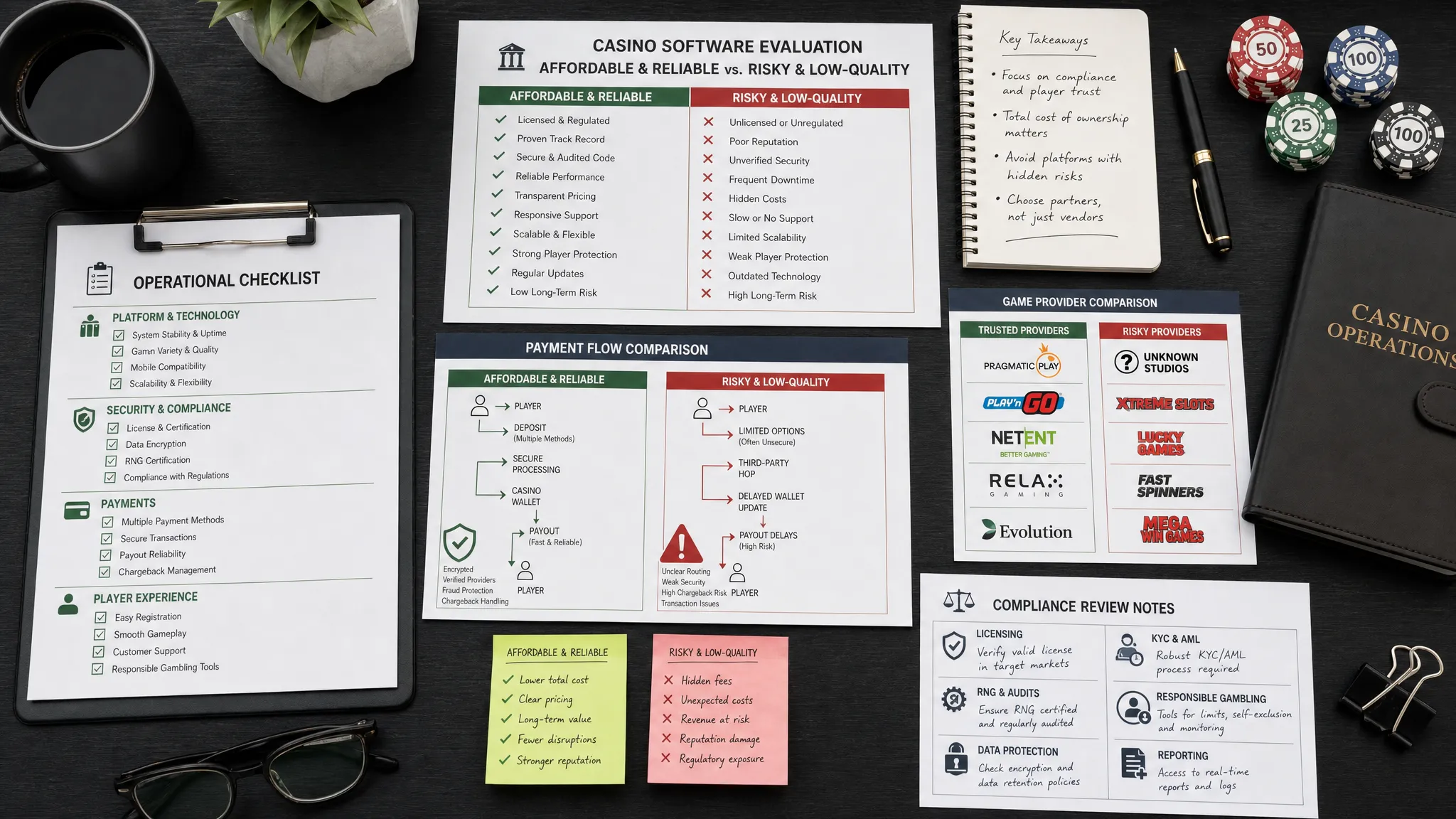 A top-down view of a casino operations desk with printed checklists, payment flow cards, game provider cards, and compliance review notes spread side by side on a dark table to compare affordable software with risky low-quality platforms.