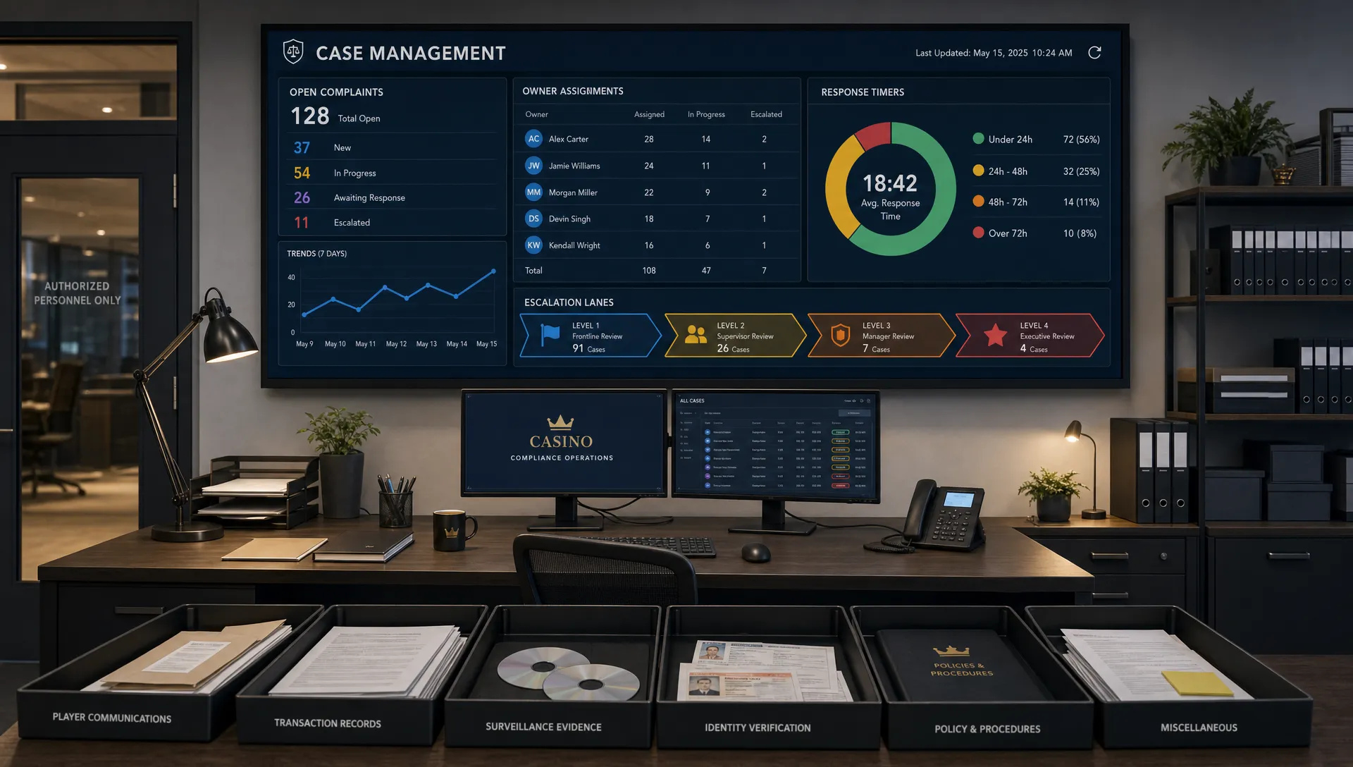 A casino backoffice room shows complaint owners, timers and escalations on a large case management board.