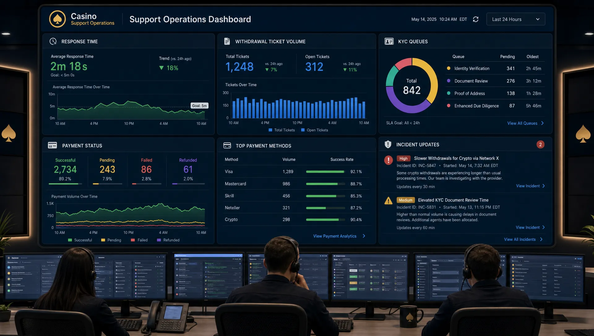 A casino support operations dashboard shows response time, withdrawal ticket volume, KYC queues, payment status, and incident updates on screens facing the camera.