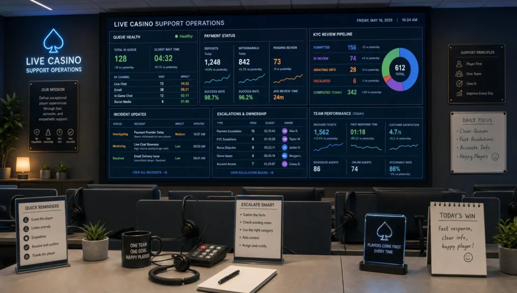 A casino support operations room with queue health, payment status, KYC reviews, and incident updates on the main wall display.