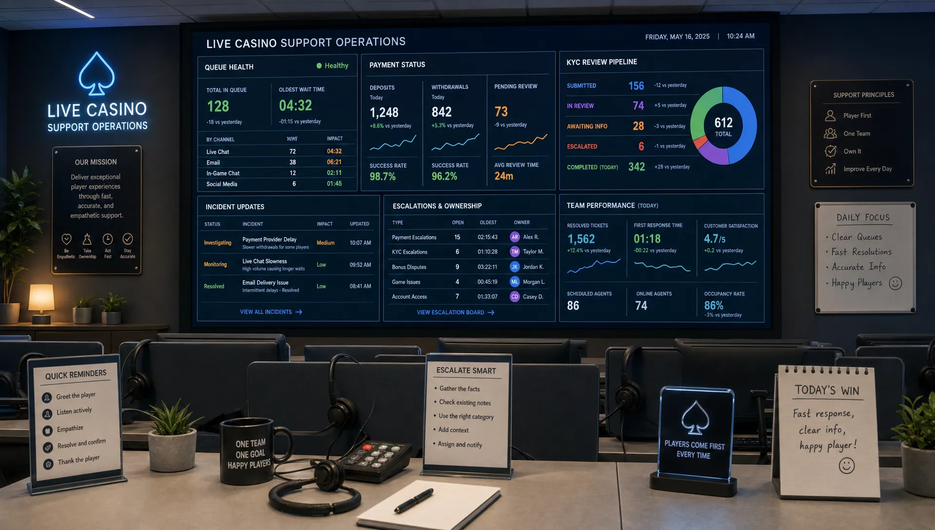 A casino support operations room with queue health, payment status, KYC reviews, and incident updates on the main wall display.