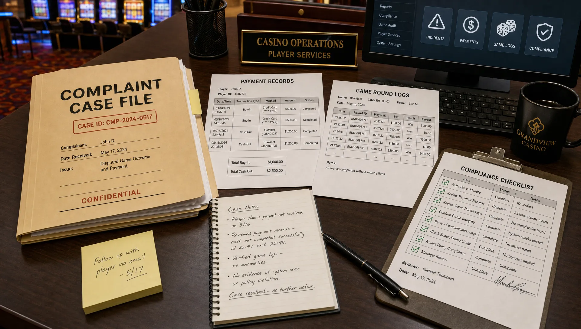 A complaint case folder with payment records, game round logs and compliance checklists spread across a casino operations desk.