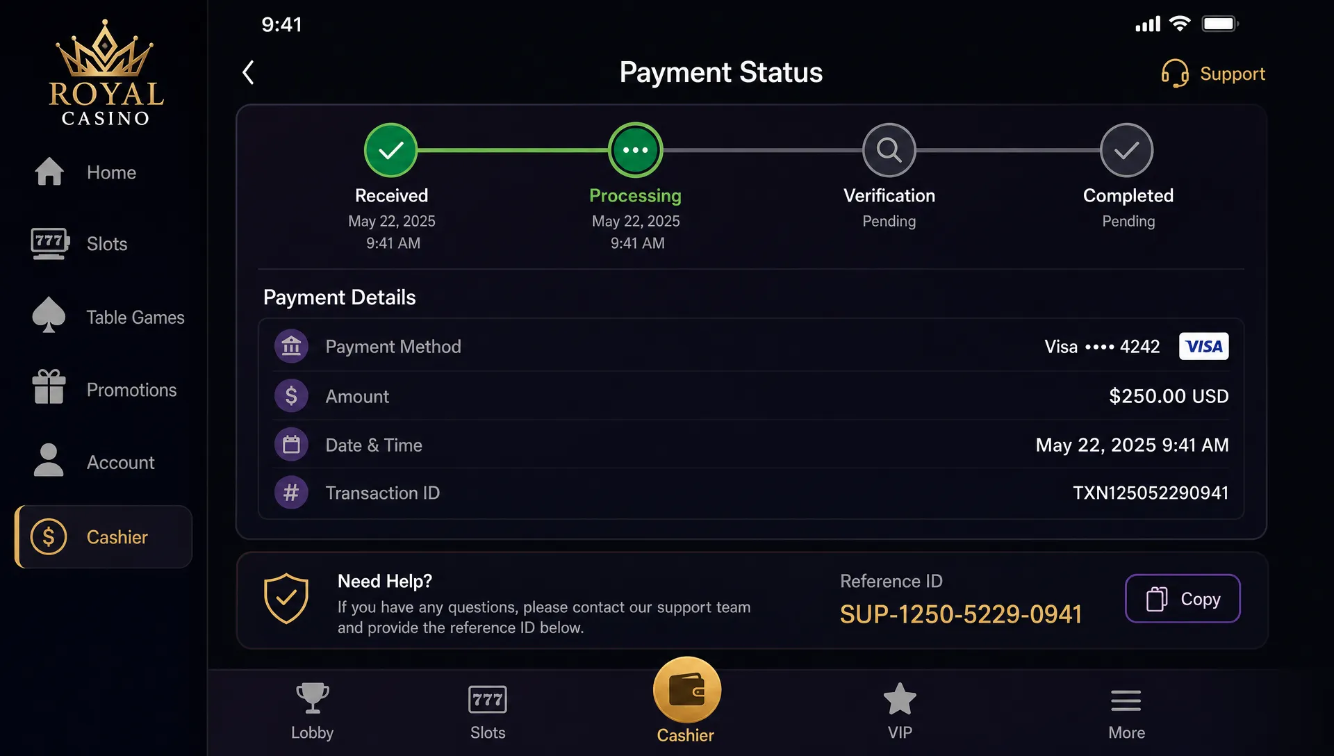 A mobile casino payment status screen shows received, processing, verification, and completed steps with payment details and a support reference ID.