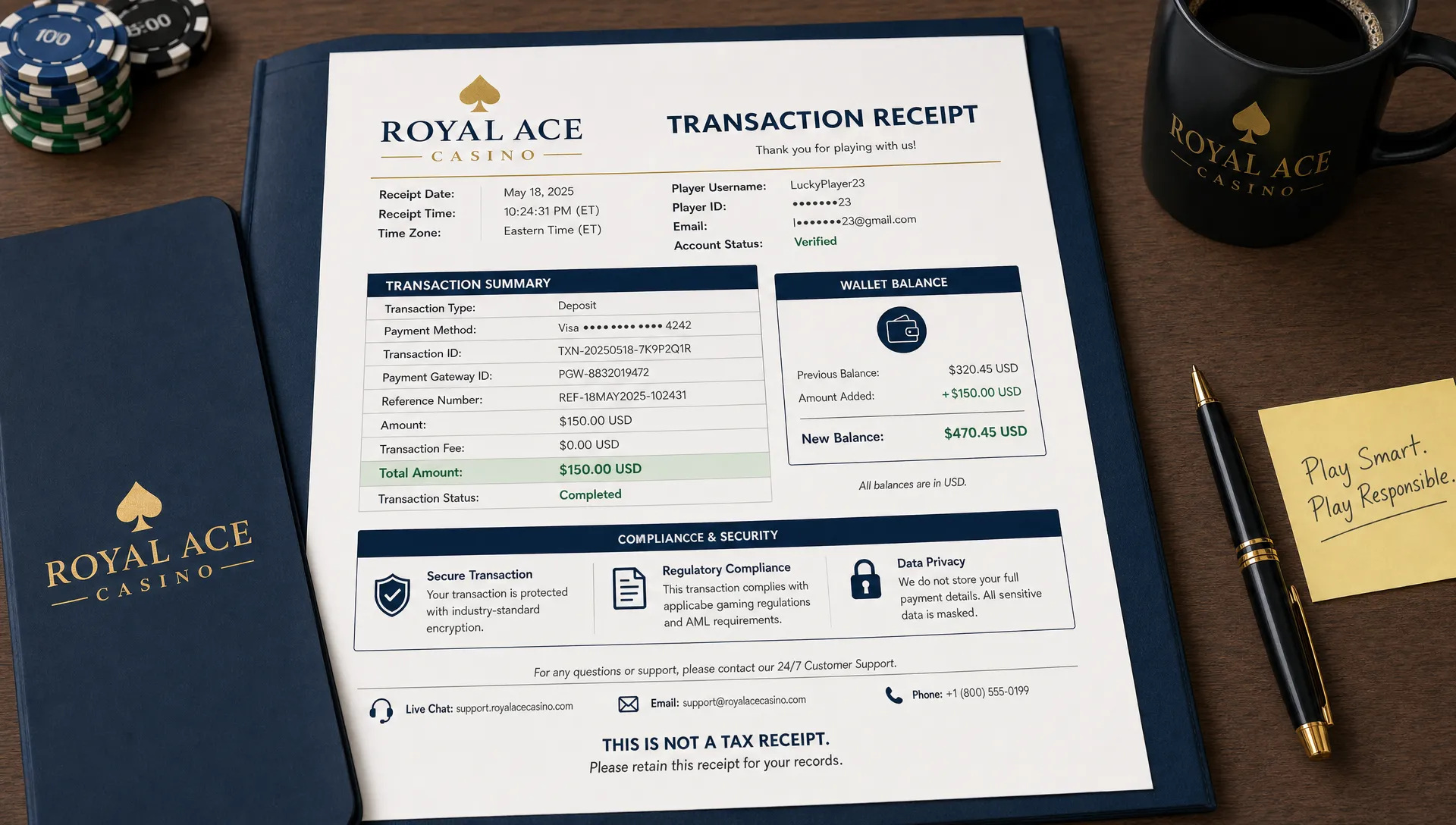 A neatly organized casino transaction receipt packet on a desk shows masked payment details, transaction IDs, timestamps, wallet balance changes, and compliance notes.