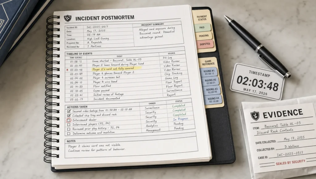 A postmortem notebook shows a casino incident timeline, payment notes, game round references, and marked action items.