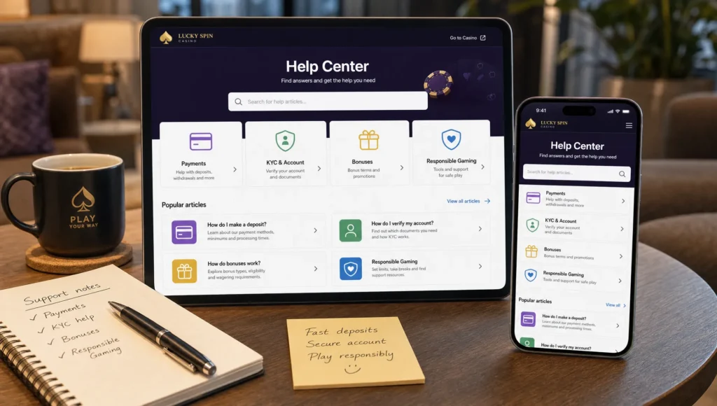 A smartphone and tablet show a casino help center with search, payment, KYC, bonus, and responsible gambling sections.