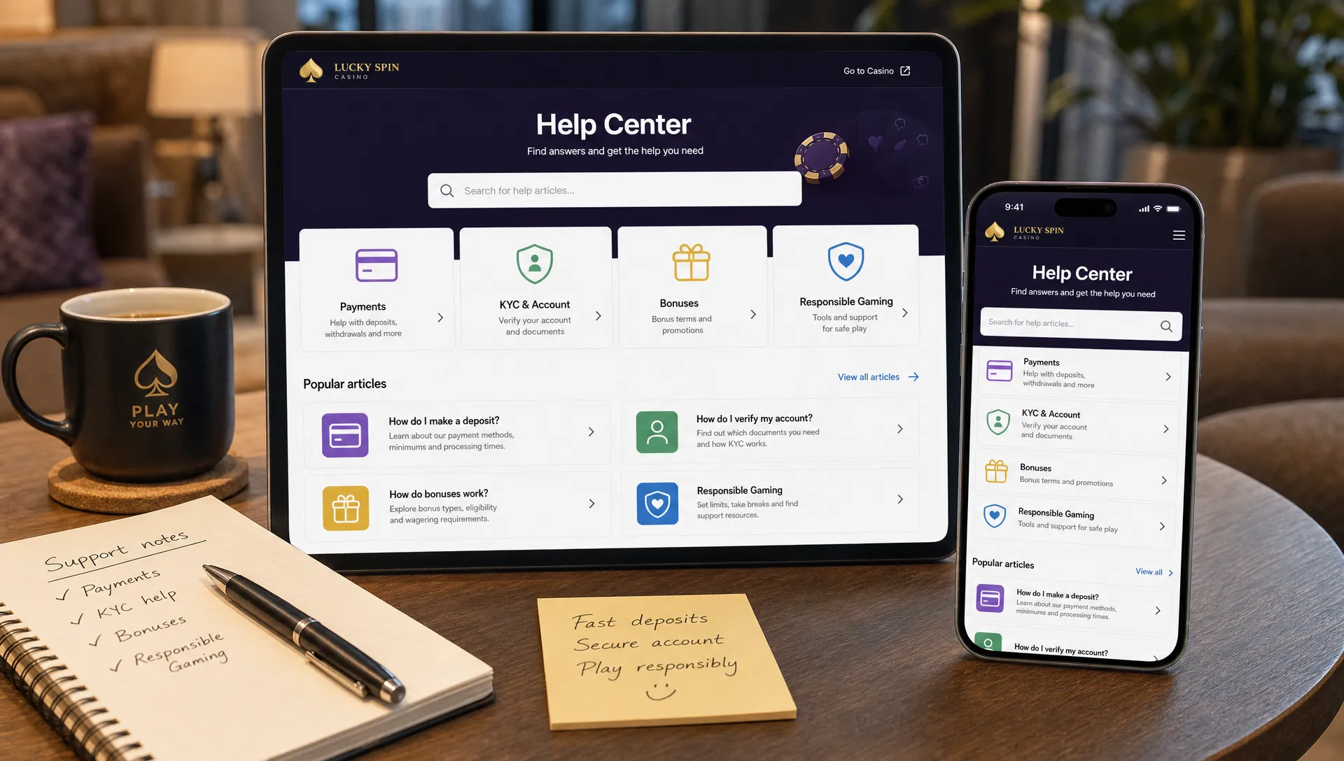 A smartphone and tablet show a casino help center with search, payment, KYC, bonus, and responsible gambling sections.