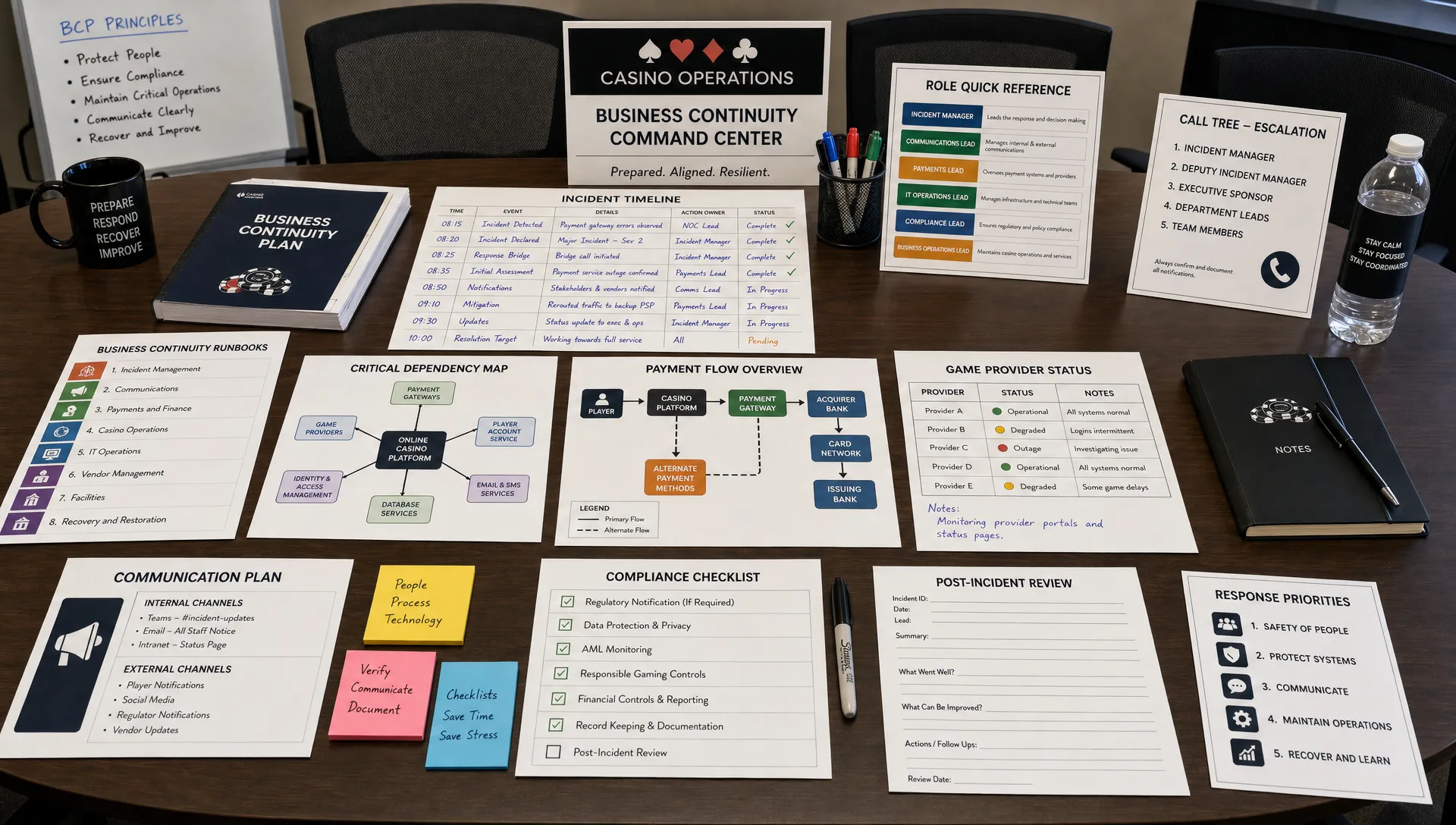 A structured casino business continuity workspace with printed runbooks, role cards, dependency maps, payment flow charts, game provider status notes, compliance checklists, and a central incident timeline laid out on a conference table.