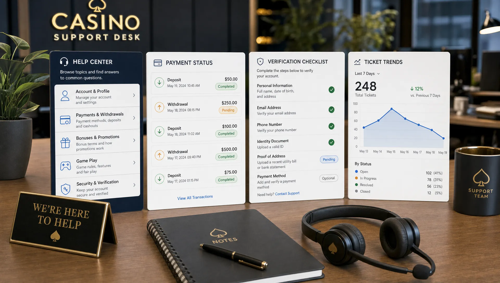 A support desk shows casino help center cards, payment status labels, verification checklists, and ticket trend charts on a table.
