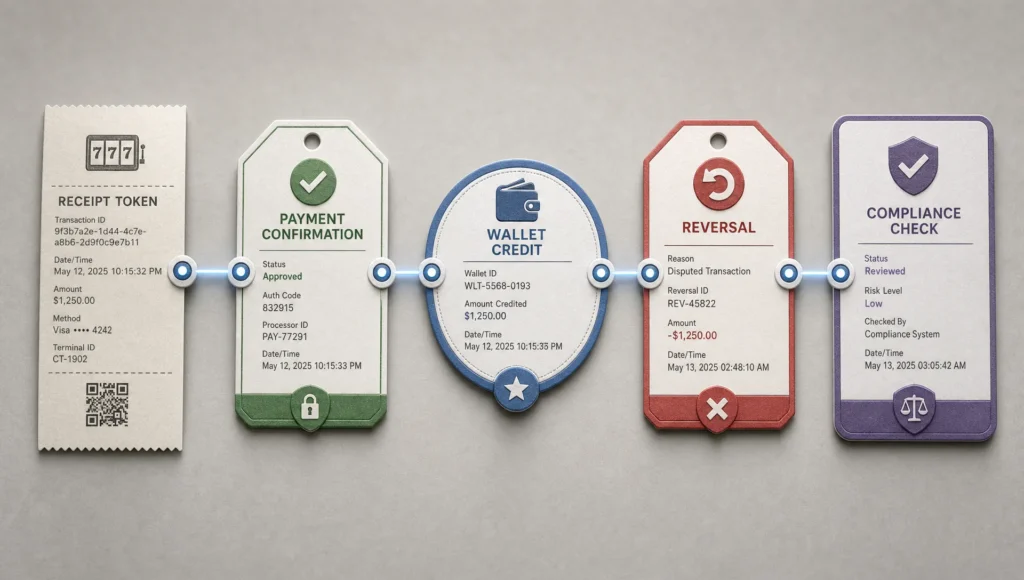A traced casino payment record connects confirmation, wallet credit, reversal, and compliance checks to show dispute evidence.